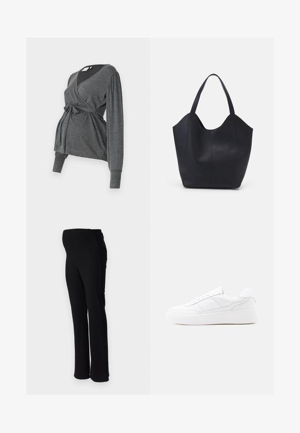 Grå, langærmet indpakningsbluse lavet af blødt materiale, med v-hals og bindebånd i taljen. Ærmerne har en let puffdetalje.; ONLY MATERNITY OLMHALLE - Bukser - black; Hvid lavtop-sneaker med tyk sål, snørelukning og diskrete syningsdetaljer på en ensfarvet lys baggrund.; Sort tote taske lavet af glat læder, med en buet, åben top, to skulderstropper og et minimalistisk design.
