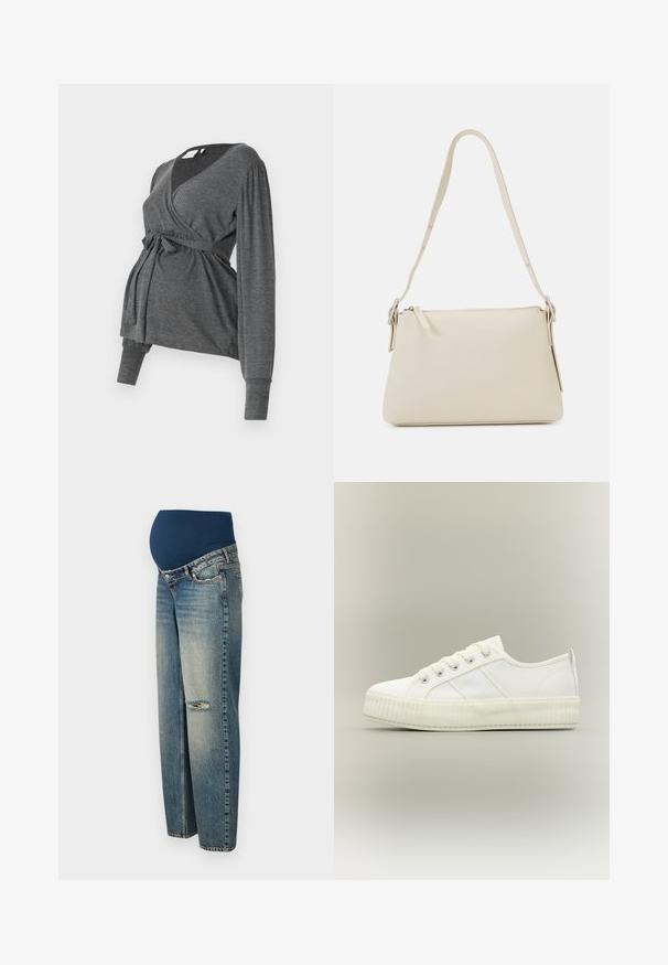 Top envolvente gris de manga larga, hecho de un material suave, que presenta un escote en V y una cintura atada. Las mangas tienen un ligero detalle abombado.; Jeans de maternidad con una cinturilla elástica de color azul oscuro y piernas de mezclilla azul clara desgastadas. Presenta un detalle desgastado en una rodilla.; Zapatilla deportiva blanca de caña baja con suela gruesa acanalada, cordones delanteros y tira para tirar en el talón sobre un fondo neutro.; Bolso de hombro beige hecho de cuero suave con cierre de cremallera. Presenta un diseño simple, correa de hombro delgada y acentos de hardware metálico.