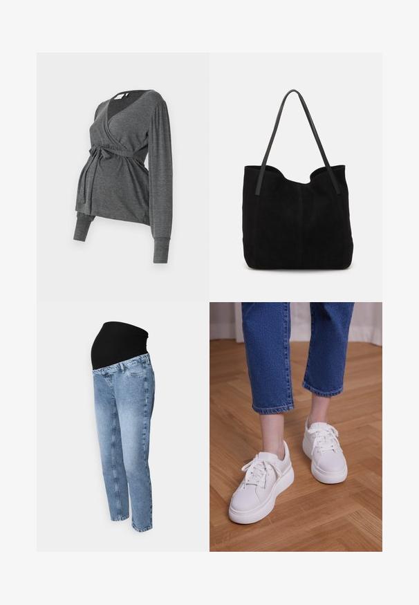 Top envolvente gris de manga larga, hecho de un material suave, que presenta un escote en V y una cintura atada. Las mangas tienen un ligero detalle abombado.; Jeans de maternidad con cinturilla elástica negra y denim azul claro. Diseño de pierna recta con estilo clásico de cinco bolsillos y lavado desvanecido.; Piernas con vaqueros azules recortados y zapatillas blancas con cordones y plataforma, de pie sobre un suelo de madera clara.; Bolso de mano de ante negro con dos correas de cuero largas y planas. Presenta un borde superior curvado y costuras visibles en la parte frontal. Sin acentos de metal.