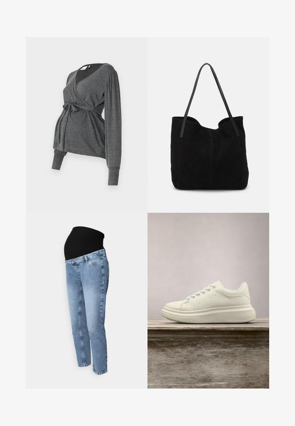 Top envolvente gris de manga larga, hecho de un material suave, que presenta un escote en V y una cintura atada. Las mangas tienen un ligero detalle abombado.; Jeans de maternidad con cinturilla elástica negra y denim azul claro. Diseño de pierna recta con estilo clásico de cinco bolsillos y lavado desvanecido.; Zapatilla deportiva de cuero blanco con puntera redonda, textura lisa y cordones en contraste. Cuenta con orificios de ventilación y una suela de goma gruesa para mayor comodidad.; Bolso de mano de ante negro con dos correas de cuero largas y planas. Presenta un borde superior curvado y costuras visibles en la parte frontal. Sin acentos de metal.