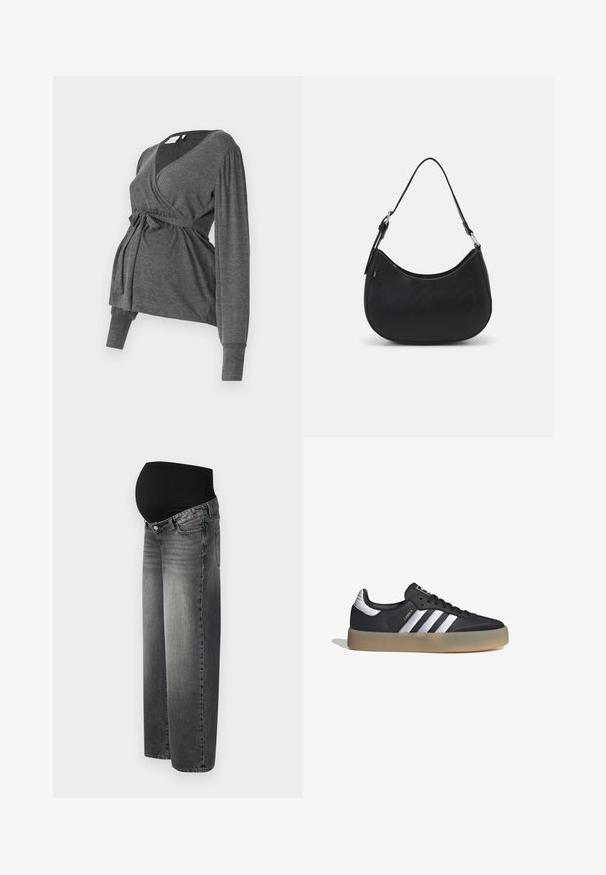 Top envolvente gris de manga larga, hecho de un material suave, que presenta un escote en V y una cintura atada. Las mangas tienen un ligero detalle abombado.; Jeans de maternidad en denim negro desgastado, con una cinturilla negra elástica para mayor soporte. Diseño de pierna ancha con bolsillos frontales estándar.; Zapatilla deportiva de cuero negro con tres rayas plateadas, punta texturizada y suela de goma. Cuenta con un collar acolchado y un diseño con cordones.; Bolso hobo negro hecho de cuero suave con una silueta curva, que cuenta con una sola correa ajustable y detalles de diseño minimalistas.