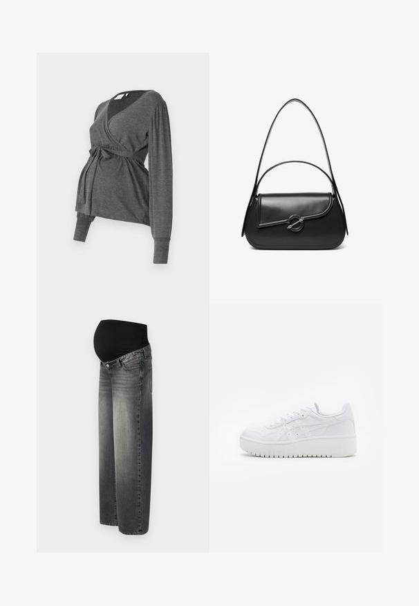 Grå, langærmet indpakningsbluse lavet af blødt materiale, med v-hals og bindebånd i taljen. Ærmerne har en let puffdetalje.; Graviditetsjeans i falmet sort denim med en strækbar sort talje for støtte. Vidde ben design med standard forlommer.; Hvide platform sneakers med en glat læderoverflade, perforerede detaljer og flade snørebånd; har en tyk hvid gummisål.; Sort skuldertaske i læder med en buet klap, der er fastgjort med en rund metal spænde, og en slank, justerbar rem.