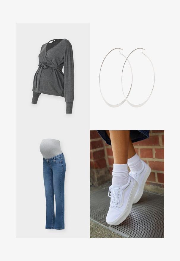 Top envolvente gris de manga larga, hecho de un material suave, que presenta un escote en V y una cintura atada. Las mangas tienen un ligero detalle abombado.; Vaqueros premamá azules con un panel elástico gris en la barriga, diseñado para ajustarse sobre la barriga de embarazo para mayor comodidad y soporte.; Zapatillas de lona blancas con suelas de goma, que presentan seis ojales, puntera redonda y detalles de costura ligera, combinadas con calcetines blancos hasta el tobillo.; Pendientes de aro plateados con un diseño delgado y suave; forma ovalada alargada; acabado pulido; presentan un cierre de gancho seguro.