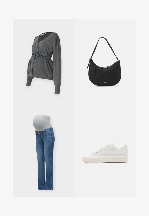 Grijze lange mouw wikkeltop van zacht materiaal, met een v-hals en een strik taille. De mouwen hebben een lichte puffdetail.; Blauwe zwangerschapsjeans met een grijze rekbare buikstrook die ontworpen is om comfortabel over een zwangere buik te passen en ondersteuning te bieden.; Witte canvas sneakers met een gestructureerde bovenkant, ronde neuskap, platte zool en vetersluiting. Voorzien van een iets rafelig kraag en een trekhaak.; Zwarte leren handtas met een gebogen vorm, textuuroppervlak, voornaden en een logo in goudkleur. Beschikt over een enkele verstelbare schouderband.