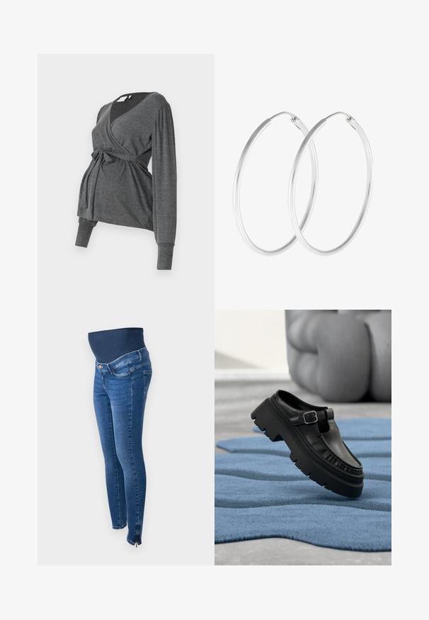 Grijze lange mouw wikkeltop van zacht materiaal, met een v-hals en een strik taille. De mouwen hebben een lichte puffdetail.; Zwangerschapsjeans in donkerblauwe denim. Slim fit met een rekbare, ondersteunende buikband. Voorzien van zijritsen bij de enkel.; Zwarte leren loafer met dikke grof profielzool en zilveren gesp, schuin geplaatst op een gestructureerd blauw vloerkleed.; Zilverkleurige oorringen met een gladde, ronde vorm en een gepolijste afwerking. Beide oorbellen zijn van dezelfde grootte en hebben een veilige sluitmechanisme.