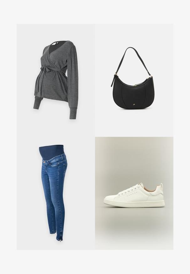 Grå, langærmet indpakningsbluse lavet af blødt materiale, med v-hals og bindebånd i taljen. Ærmerne har en let puffdetalje.; Graviditetsjeans i mørkeblå denim. Slim fit med et strækbart, støttende mavebånd. Har sidelommer med lynlås ved anklen.; Hvid lav sneaker med snørebånd, perforerede sidedetaljer og en trækflap på hælen, sat mod en neutral baggrund.; Sort læderhåndtaske med en buet form, struktureret overflade, forreste syninger og et logo i guldfarve. Har en enkelt justerbar rem.