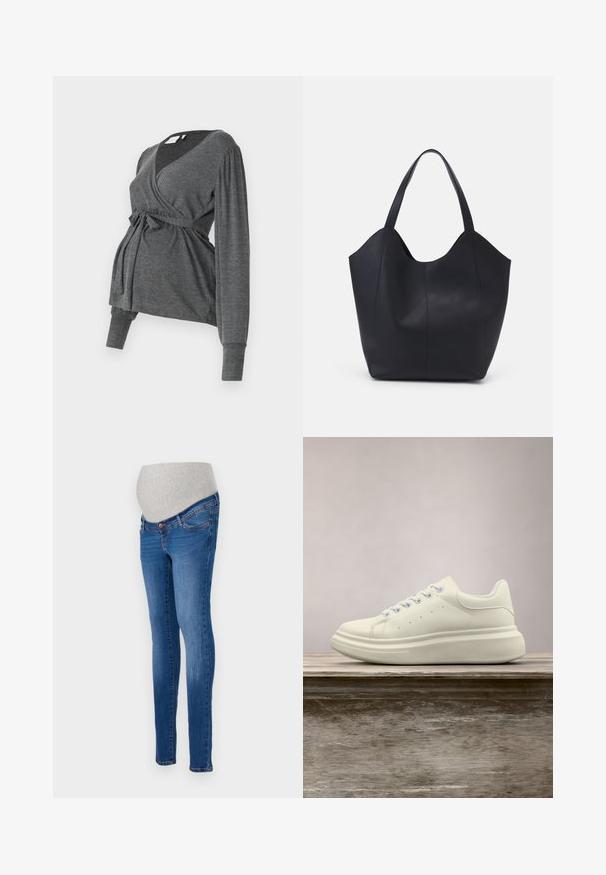 Grå, langærmet indpakningsbluse lavet af blødt materiale, med v-hals og bindebånd i taljen. Ærmerne har en let puffdetalje.; Graviditetsjeans i blå denim med en tætsiddende pasform. Har en grå strækpanel for komfort. Klassisk fem-lomme design med let falmning.; Hvid lædersneakers med rund tå, glat tekstur og kontrasterende snørebånd. Har ventilationshuller og en tyk gummisål for komfort.; Sort tote taske lavet af glat læder, med en buet, åben top, to skulderstropper og et minimalistisk design.