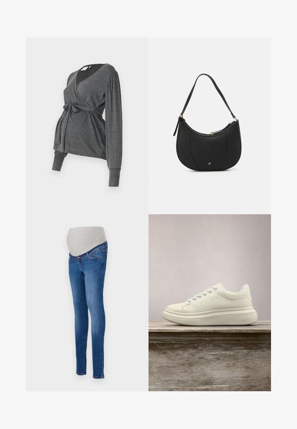 Top envolvente gris de manga larga, hecho de un material suave, que presenta un escote en V y una cintura atada. Las mangas tienen un ligero detalle abombado.; Jeans de maternidad en denim azul con un corte ajustado. Cuenta con un panel de estiramiento gris para mayor comodidad. Diseño clásico de cinco bolsillos con un ligero desvanecimiento.; Zapatilla deportiva de cuero blanco con puntera redonda, textura lisa y cordones en contraste. Cuenta con orificios de ventilación y una suela de goma gruesa para mayor comodidad.; Bolso de mano de cuero negro con forma curva, superficie texturizada, costuras frontales y un logo en tono dorado. Cuenta con una sola correa ajustable.