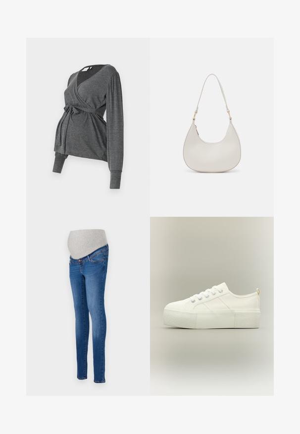 Top envolvente gris de manga larga, hecho de un material suave, que presenta un escote en V y una cintura atada. Las mangas tienen un ligero detalle abombado.; Jeans de maternidad en denim azul con un corte ajustado. Cuenta con un panel de estiramiento gris para mayor comodidad. Diseño clásico de cinco bolsillos con un ligero desvanecimiento.; Zapatilla de plataforma blanca con suela gruesa y texturizada, cordones delanteros y detalles sutiles de costura sobre un fondo neutro.; Bolso de hombro de cuero crema con forma de media luna, correa delgada y sutil detalle de costuras. Diseño minimalista con acentos de hardware en tono dorado.