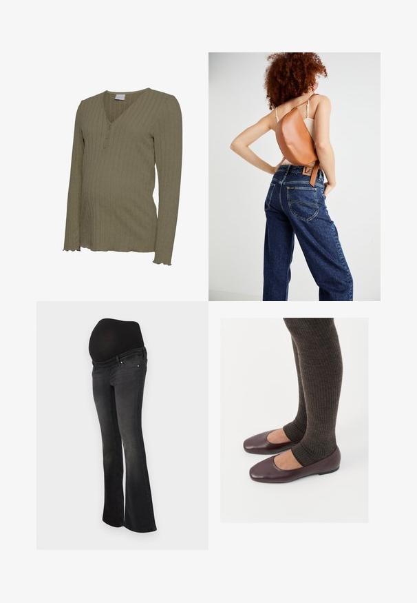 Graviditet langærmet top i olivengrøn, har en ribbet tekstur, V-hals med tre knapper og bølget kantdetalje. Blødt strikket materiale.; Graviditetsjeans i mørkegrå denim med en strækbar sort panel til støtte af maven, design med udvidet ben og klassisk fem-lomme stil.; Burgunderrøde patenterede læder flade sko med firkantet tådesign, parret med mørkebrune ribbede strømpers der når til midten af læggen.; Brun læder rygsæk med et unikt buet design. Båret diagonalt, parret med højlivet blå denimjeans med gul syning.