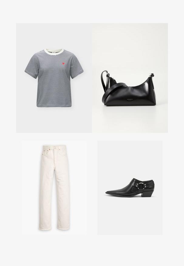 Camiseta de manga corta con rayas horizontales en azul marino y blanco, con un pequeño emblema de corazón rojo en el pecho izquierdo y cuello redondo blanco.; Jeans de mezclilla blanca con un diseño de pierna recta, estilo de cinco bolsillos y detalles de hardware en color cobre. Acabado sin dobladillo en los tobillos.; Botas de cuero negras hasta el tobillo con puntera puntiaguda, que presentan una correa de cuero en la parte delantera y un detalle de hebilla plateada, además de un tacón bajo y cuadrado.; Bolso de mano de cuero negro con una textura suave. Cuenta con una correa ajustable y un diseño elegante y minimalista con cierre de cremallera.