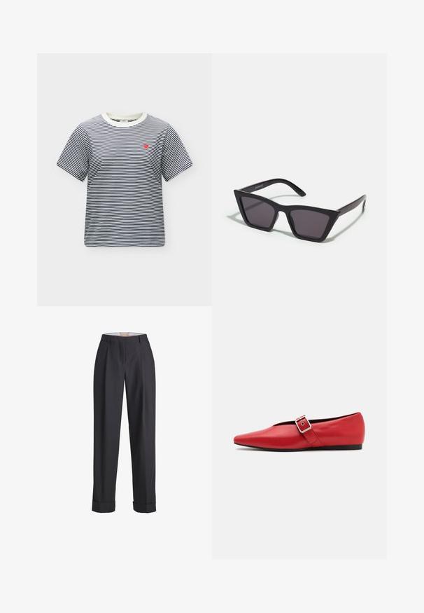Camiseta de manga corta con rayas horizontales en azul marino y blanco, con un pequeño emblema de corazón rojo en el pecho izquierdo y cuello redondo blanco.; Pantalones gris oscuro hechos de una tela texturizada, con una cintura alta, pliegues y puños enrollados en los dobladillos.; Zapato plano de cuero rojo con punta afilada, que presenta una correa lateral con una hebilla de metal y un tacón bajo negro. Textura suave en toda su superficie.; Gafas de sol negras y angulares con lentes grises; fabricadas en plástico, con varillas gruesas de superficie suave y sin herrajes visibles.