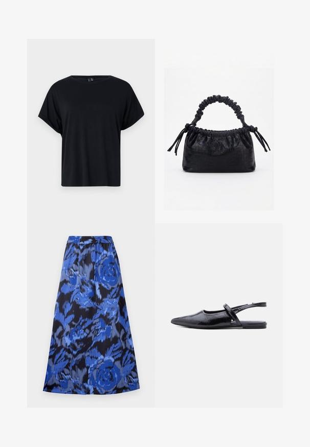 T-shirt noir à manches courtes en coton doux. Présente un col rond et une coupe décontractée. Texture lisse sans motifs ni accents visibles.; Jupe évasée avec un motif floral bleu sur fond noir. Taille élastique, tissu léger et longueur genoux.; Chaussure plate noire à bout pointu avec bride slingback fine sur le dessus et motif en cuir texturé.; Sac à main noir avec texture crocodile, bord supérieur froncé, poignée plissée et pompons à cordon de chaque côté sur fond blanc.