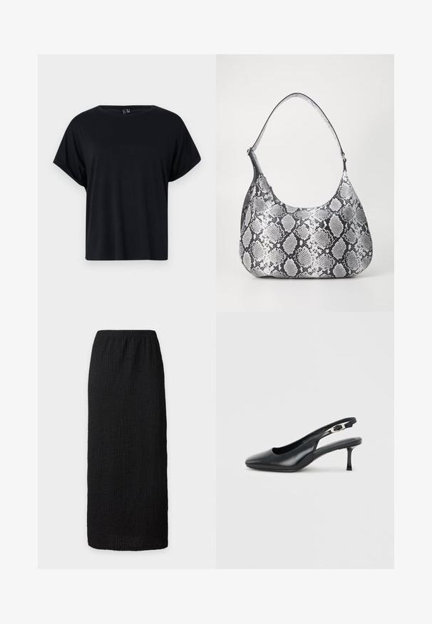 T-shirt noir à manches courtes en coton doux. Présente un col rond et une coupe décontractée. Texture lisse sans motifs ni accents visibles.; Jupe longue noire texturée avec taille élastique et coupe droite, présentée sur un fond clair uni.; Chaussure slingback noire en cuir à bout pointu avec un petit talon aiguille bas et une bride réglable à boucle sur un fond clair uni.; Sac à épaule en simili cuir noir et blanc avec imprimé serpent, de forme arrondie, texture lisse et bandoulière incurvée. Présente un accent en matériel argenté.