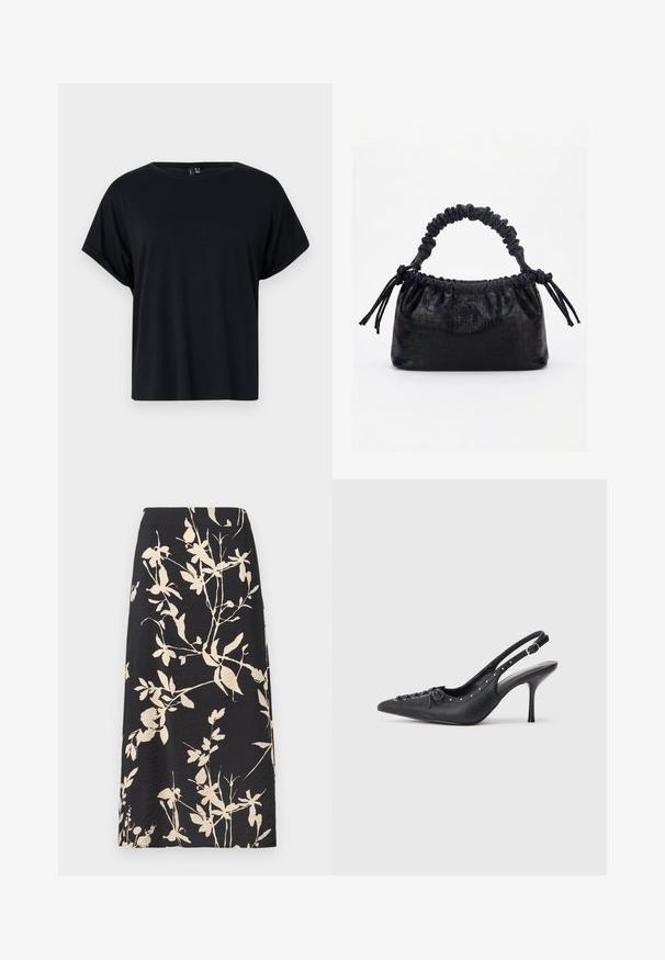 Camiseta negra de manga corta hecha de algodón suave. Presenta un escote redondo y un corte relajado. Textura suave sin patrones ni acentos visibles.; Falda midi negra con patrones florales y hojas beige, textura suave y cintura ajustada.; Sandal de tacón stiletto negro de cuero con punta afilada, correa lateral con hebilla, tachuelas a lo largo del borde y cordones decorativos en la parte delantera.; Bolso negro con textura de cocodrilo, borde superior fruncido, asa recogida y cordones con borlas en cada lado sobre un fondo blanco.
