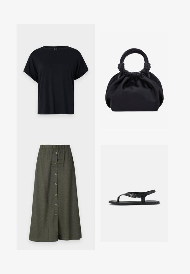 Schwarzes Kurzarm-T-Shirt aus weichem Baumwollstoff. Mit Rundhalsausschnitt und lockerer Passform. Glatte Textur ohne sichtbare Muster oder Akzente.; Khaki Midi-Rock mit einem Knopfverschluss auf der Vorderseite mit acht Knöpfen, elastischem Bund und glattem, leichtem Stoff.; Schwarze flache Sandale mit Knöchelriemen, Zehensteg und silberner Schnalle auf glatter Sohle, seitlich auf weißem Hintergrund dargestellt.; Schwarze weiche Stoffhandtasche mit gerafftem oberen Rand und runden, gepolsterten Griffen, die auf jeder Seite mit Knoten gebunden sind.