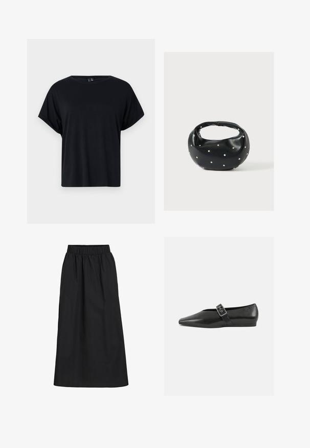 Schwarzes Kurzarm-T-Shirt aus weichem Baumwollstoff. Mit Rundhalsausschnitt und lockerer Passform. Glatte Textur ohne sichtbare Muster oder Akzente.; Schwarzer, knielanger Rock aus weichem, leichtem Stoff. Verfügt über einen elastischen Bund und ein einfaches, fließendes Design ohne Verzierung.; Schwarze Lederflachschuhe mit spitzem Zehenbereich, ausgestattet mit einem metallischen Riemen über dem Spann und einer niedrigen, flexiblen Sohle.; Schwarze Lederhandtasche mit abgerundeter Form, verziert mit silbernen Nietenakzenten und kurzem Griff. Glatte Struktur und Reißverschlussverschluss.