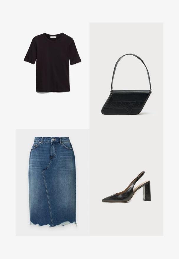 Schwarzes T-Shirt mit kurzen Ärmeln aus weicher Baumwolle, mit rundem Halsausschnitt und glatter, gleichmäßiger Textur in einem schlichten Design.; Blauer Jeans-Bleistiftrock mit asymmetrischer vorderer Naht, ausgefranstem Saum, Gürtelschlaufen und Vordertaschen.; Schwarzer Leder-Slingback-Schuh mit spitzer Kappe, hohem Blockabsatz und beigegefüttertem Innenraum vor hellem, einfarbigem Hintergrund.; Schwarze Leder-Umhängetasche mit dreieckiger Form, geprägt mit Logo und einem einzigen verstellbaren Riemen. Minimalistisches Design mit glatter Textur.