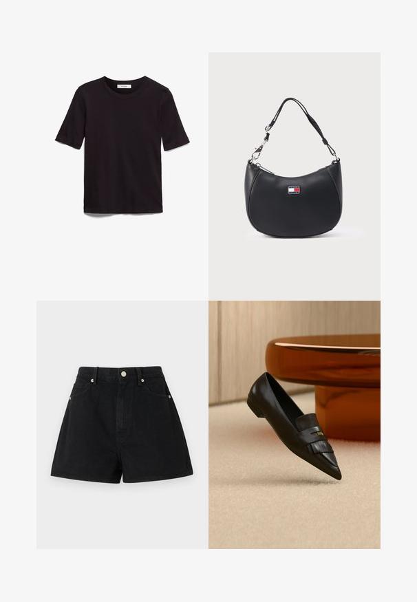 Schwarzes T-Shirt mit kurzen Ärmeln aus weicher Baumwolle, mit rundem Halsausschnitt und glatter, gleichmäßiger Textur in einem schlichten Design.; Schwarze Denim-Shorts mit hoher Taille, fünf Taschen, silberner Hardware und normaler Passform, ausgestattet mit einer glatten Textur und sauberer Verarbeitung.; Schwarzer spitz zulaufender Leder-Loafer mit Fransen-Detail, auf beigem Teppich neben einem runden orangenen Glastisch positioniert.; Schwarze Leder-Schultertasche mit geschwungener Form, silberner Hardware und einem auffälligen Logopatch in Blau, Rot und Weiß.