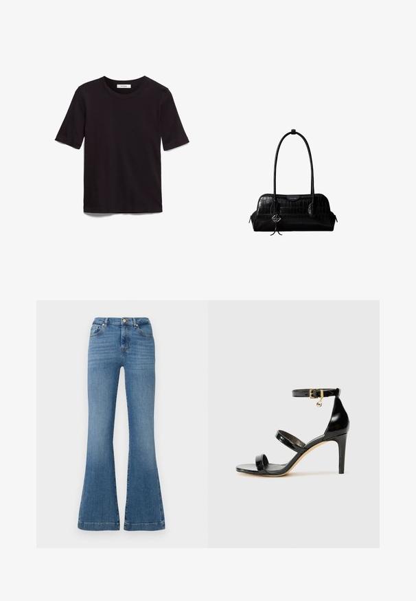 Zwarte T-shirt met korte mouwen van zacht katoen, met een ronde hals en een gladde, gelijkmatige textuur met een minimaal ontwerp.; Blauwe flared jeans van denim, met een hoge taille, vijf zakken en subtiele vervaging, met zichtbare stikseldetails.; Zwarte gepatineerde leren sandaal met drie banden, enkelgesp en 10 cm hoge stiletto hak. Bevat gouden hardwaredetails en een logo charm.; Zwarte schoudertas van leer met krokodillenstructuur, lange banden en een klein zilveren logohanger aan één band.