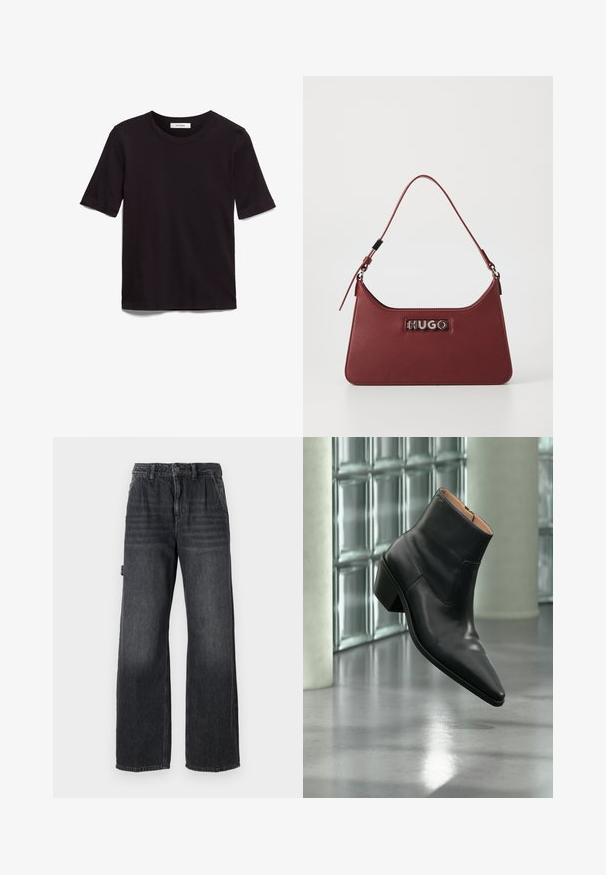 Schwarzes T-Shirt mit kurzen Ärmeln aus weicher Baumwolle, mit rundem Halsausschnitt und glatter, gleichmäßiger Textur in einem schlichten Design.; Weite Jeans aus dunkelgrauem Denim, mit hoher Taille, Fronttaschen und dezenten Waschungen an den Oberschenkeln. Kontrastierende Nähte.; Schwarzer Leder-Stiefelette mit spitzer Schuhspitze und Blockabsatz, der über einem reflektierenden grauen Boden nahe einer Glassteinwand schwebt.; Kleine rechteckige burgunderfarbene Lederhandtasche mit verstellbarem Riemen und silberner "HUGO"-Logoplatte auf der Vorderseite.