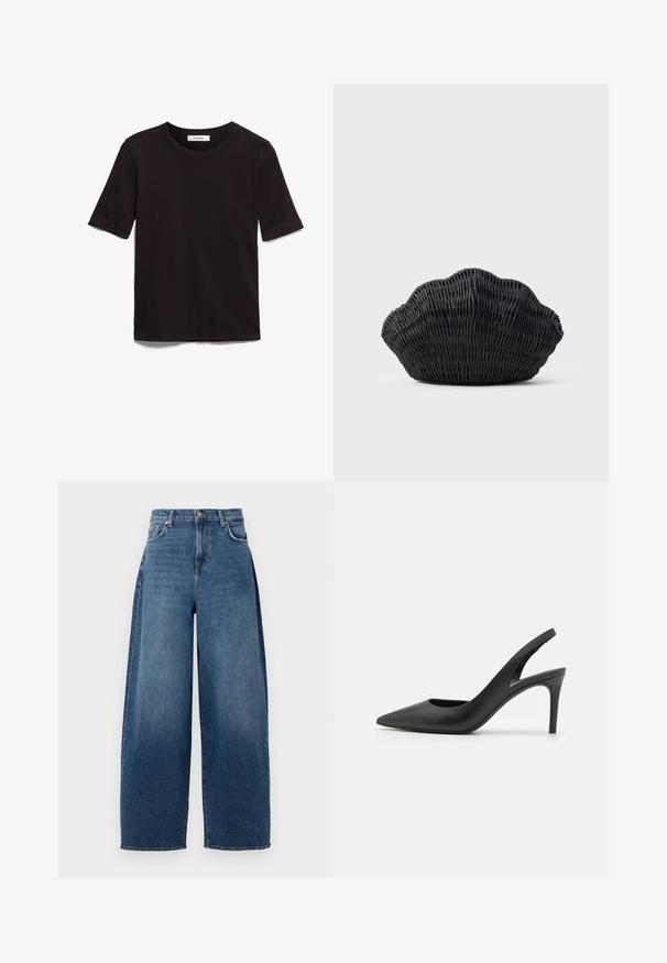 Schwarzes T-Shirt mit kurzen Ärmeln aus weicher Baumwolle, mit rundem Halsausschnitt und glatter, gleichmäßiger Textur in einem schlichten Design.; Weite Jeans aus dunkelblauem Denim. Mit hoher Taille, fünf Taschen und einer oberen Knopfleiste. Leicht ausgewaschene Textur überall.; Schwarze Leder Slingback High Heels mit einem spitzen Zehendesign, das an der Vorderseite ein Ausschnitt hat und einen dünnen Stilettoblock. ; Schwarze Korbtasche in Muschelform mit gebogenem Oberteil und gewebter Textur auf einfarbigem Hintergrund.