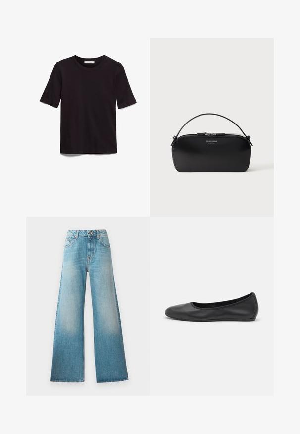 Zwarte T-shirt met korte mouwen van zacht katoen, met een ronde hals en een gladde, gelijkmatige textuur met een minimaal ontwerp.; Lichtblauwe denim wijde pijpen jeans met een hoge taille, vijf zakken ontwerp en subtiele vervaging langs de bovenbenen. Koperen hardware-details.; Zwarte leren ballerina met een ronde neus, gladde textuur, minimale stikdetails en een flexibele zoolontwerp.; Zwarte leren polstasje met zilveren ritssluiting en kort handvat, geperst Emporio Armani Milano 1981-logo aan de voorkant.