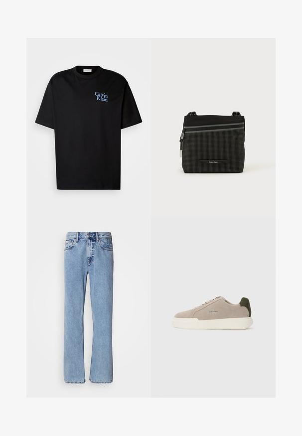 Camiseta de algodón negra con un corte relajado, que presenta mangas cortas y un logotipo bordado en azul de "Calvin Klein" en el pecho.; Jeans de mezclilla azul claro con un diseño de pierna recta, cinco bolsillos y cierre de botón. Detalles de costura cerca de los bolsillos y la cintura.; Zapatillas de piel de ante beige con suela de goma blanca, que presentan un acento en el talón de color verde oscuro y un sutil logo en el lateral.; Bolso bandolera de Calvin Klein en negro y gris con patrón de cuadrícula, bolsillo frontal con cremallera y correa ajustable sobre fondo blanco.