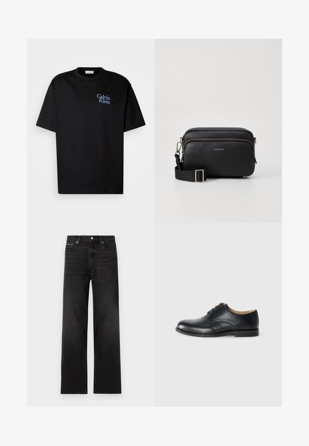 Zwarte katoenen T-shirt met een relaxte pasvorm, met korte mouwen en een blauwe geborduurde "Calvin Klein" logo op de borst.; Zwarte jeans met rechte pijpen, vijf zakken, riemlussen en knoopsluiting, weergegeven op een witte achtergrond.; Calvin Klein ESS DERBY - Veterschoenen - triple black; Zwarte leren schoudertas met twee ritscompartimenten, gestructureerd afwerking, verstelbare schouderband en zilveren hardware-accenten. Calvin Klein-logo zichtbaar.