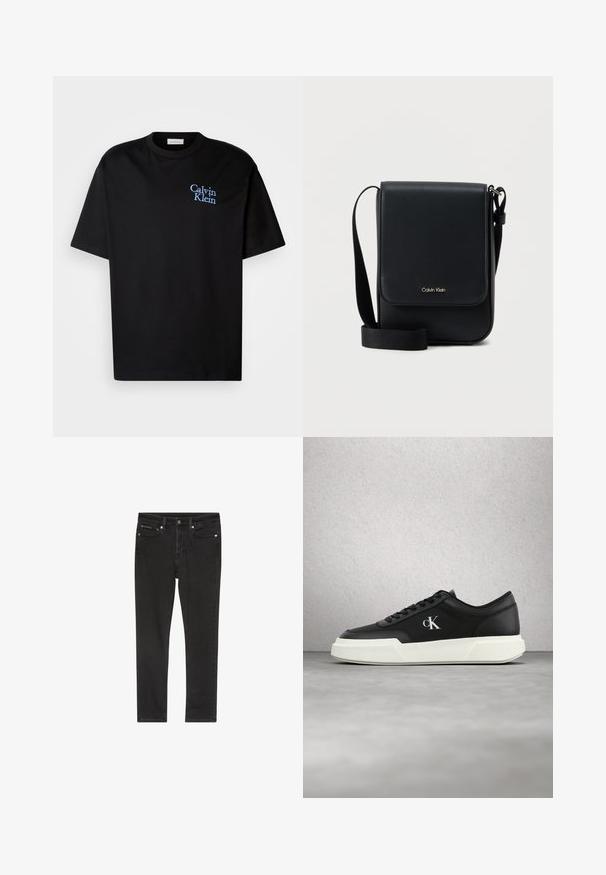 Μαύρο βαμβακερό t-shirt με άνετη εφαρμογή, διαθέτοντας κοντά μανίκια και μπλε κεντημένο λογότυπο "Calvin Klein" στο στήθος.; Μαύρο τζιν με στενή εφαρμογή, διαθέτει τέσσερις τσέπες, κλείσιμο με μεταλλικό κουμπί και ελαφριές φθορές. Ομαλή υφή και κλασικός σχεδιασμός.; Μαύρο δερμάτινο αθλητικό παπούτσι με λευκή σόλα και λογότυπο "cK", εμφανίζεται στον αέρα μπροστά από τσιμεντένιο δάπεδο και τοίχο από γυάλινους κύβους.; Μαύρη τσάντα Calvin Klein χιαστί με καπάκι, ρυθμιζόμενο ιμάντα και μικρό χρυσό λογότυπο μπροστά, σε απλό λευκό φόντο.