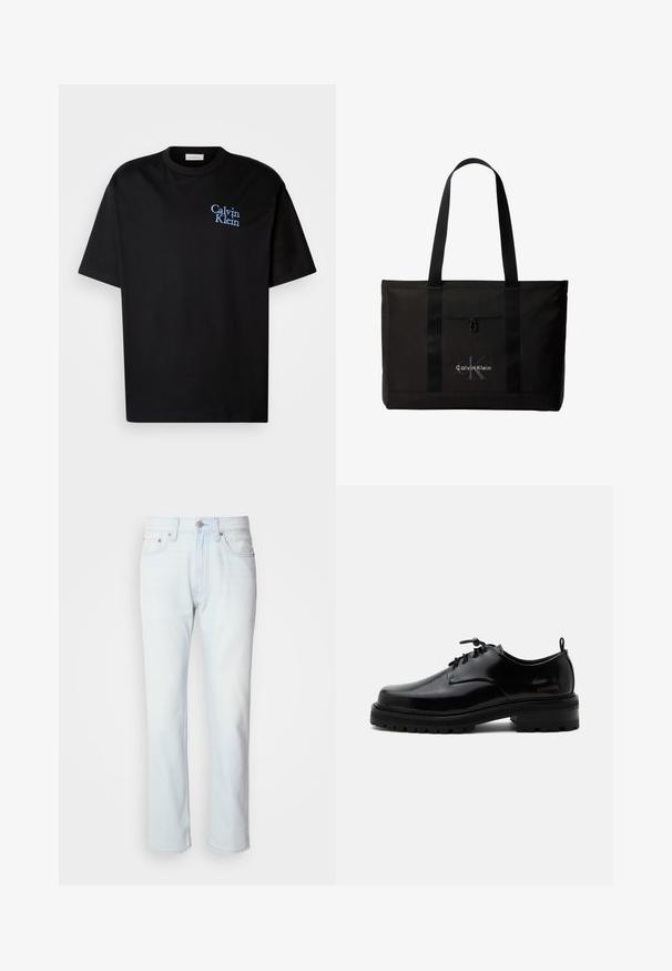 Must must T-särk, millel on mugav lõige, lühikesed varrukad ja sinine tikand "Calvin Klein" logo rinnaesisel.; Heledad sinine teksapüksid sirge lõikega. Omab nup closure'i ja vöölõikeid, esitledes kulunud tekstuuri ja minimaalset õmblust.; Mustast poleeritud nahast paeltega jalanõu paksu kummist tallaga ja madala kontsaga, küljes brändi nimi „SAMSOE“ ning taga tõmbenööriga.; Must Calvin Kleini kandekott kahe pika sangaga ja esikotiga, brändi valge ja halli logoga.
