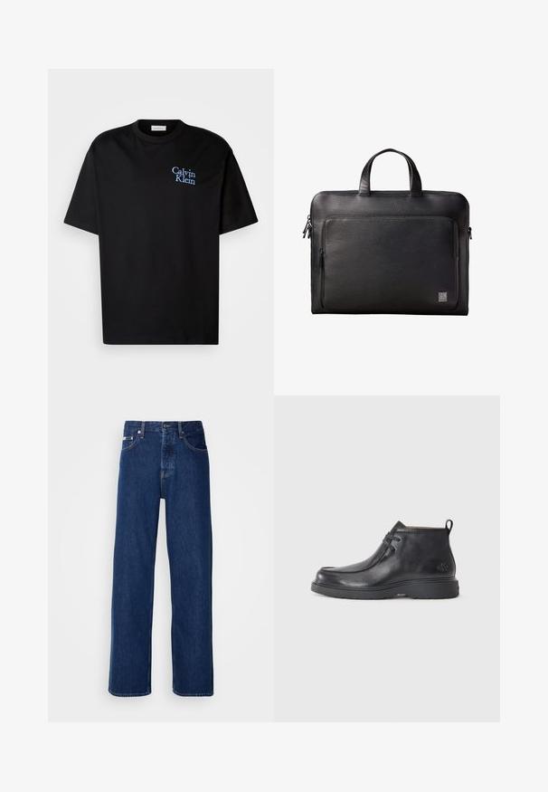 Čierne bavlnené tričko s uvoľneným strihom, s krátkymi rukávmi a na hrudi modrou vyšitou logom "Calvin Klein".; Tmavomodré džínsy s širokým strihom, s gombíkovým zapínaním a klasickým piatym vreckovým dizajnom. Tkanina má hladkú textúru.; Čierne kožené členkové čižmy s okrúhlou špičkou, šnurovací dizajn a pútko na zadnej strane. Štruktúrovaný zvršok a gumová podrážka.; Čierna textúrovaná kožená aktovka s predným vreckom na zips a dvojitými rukoväťami, s malým logom Calvin Klein v dolnom rohu.