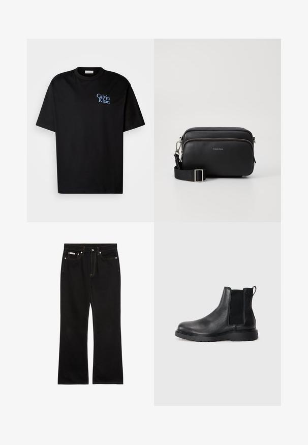 Camiseta de algodón negra con un corte relajado, que presenta mangas cortas y un logotipo bordado en azul de "Calvin Klein" en el pecho.; Vaqueros negros de pierna recta con costuras naranjas, cinco bolsillos, cierre de botón y una pequeña etiqueta Calvin Klein en el bolsillo delantero derecho.; Botas Chelsea de cuero negro con acabado texturizado, paneles laterales elásticos y una suela de goma resistente. Marca sutil en el talón.; Bolso bandolera de cuero negro con dos compartimentos con cremallera, acabado texturizado, correa ajustable y acentos de hardware en plata. Logo de Calvin Klein exhibido.