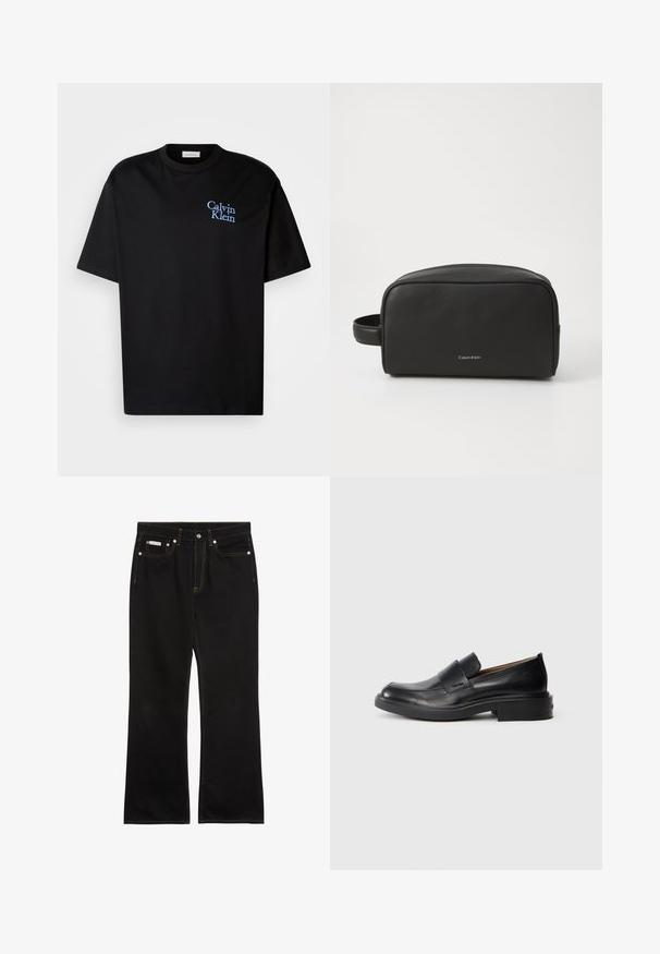 Camiseta de algodón negra con un corte relajado, que presenta mangas cortas y un logotipo bordado en azul de "Calvin Klein" en el pecho.; Vaqueros negros de pierna recta con costuras naranjas, cinco bolsillos, cierre de botón y una pequeña etiqueta Calvin Klein en el bolsillo delantero derecho.; Zapato de vestir negro de cuero sin cordones con tacón bajo y un sutil logo de Calvin Klein en el lateral, mostrado en perfil sobre un fondo blanco.; Neceser de cuero negro con superficie texturizada, forma redondeada y asa lateral. Presenta el logo de Calvin Klein en la parte frontal.
