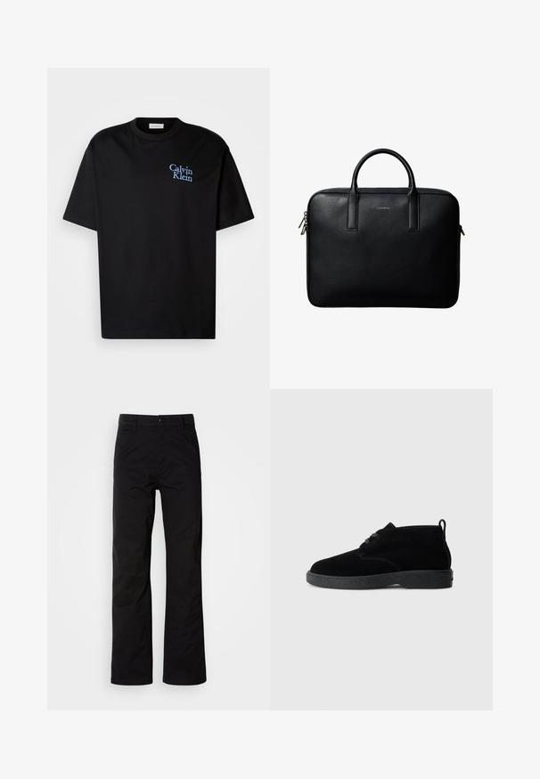 Čierne bavlnené tričko s uvoľneným strihom, s krátkymi rukávmi a na hrudi modrou vyšitou logom "Calvin Klein".; Čierne bavlnené nohavice s rovnými nohavicami, s gombíkovým zapínaním a pútkami na opasok. Hladká textúra a minimalistický štýl bez viditeľných vzorov.; Čierne suede ankle boots s okrúhlou špičkou, šnurovacími detailmi, čiernou gumovou podrážkou a ťahacou slučkou na zadnej strane pre jednoduché obúvanie.; Čierna textúrovaná kožená aktovka s dvojitými rúčkami a striebornými zipsami, centrovaná na bielom pozadí.