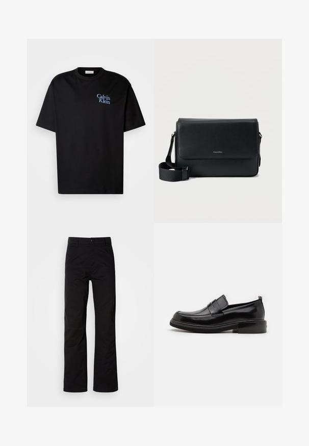 Camiseta de algodón negra con un corte relajado, que presenta mangas cortas y un logotipo bordado en azul de "Calvin Klein" en el pecho.; Pantalones de algodón negros con un diseño de pierna recta, que cuentan con un cierre de botón y lazos para cinturón. Textura suave y estilo minimalista sin patrones visibles.; Calvin Klein MOCCASIN - Mocasines elegantes - black; Bolso mensajero de cuero negro con acabado texturizado, correa ajustable y solapa frontal con un logo sutil. Forma compacta y rectangular.
