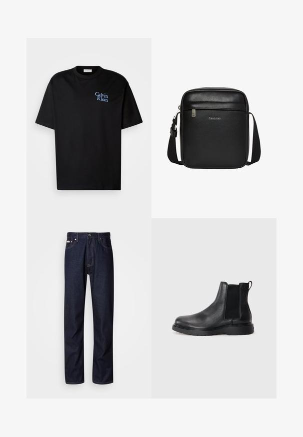 Schwarzes Baumwoll-T-Shirt mit entspanntem Schnitt, kurzen Ärmeln und einem blauen gestickten "Calvin Klein"-Logo auf der Brust.; Dunkelblaue Denim-Jeans mit geradem Bein, ausgestattet mit einem Knopfverschluss, fünf Taschen und kontrastierenden Nähten.; Schwarze Leder-Chelsea-Boots mit strukturiertem Finish, elastischen seitlichen Einsätzen und einer robusten Gummisohle. Dezentes Branding an der Ferse.; Schwarze Calvin Klein Umhängetasche mit verstellbarem Riemen, Frontreißverschlusstasche und dezentem Logo auf genarbter Lederoberfläche.
