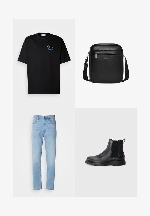 Čierne bavlnené tričko s uvoľneným strihom, s krátkymi rukávmi a na hrudi modrou vyšitou logom "Calvin Klein".; Svetlomodré džíny z denimu so strihom rovného strihu, piatimi vreckami a pútkami na opasok. Textil má hladkú štruktúru s jemným efektom vyblednutia.; Čierne kožené chelsea čižmy s textúrovaným povrchom, elastickými bočnými panelmi a pevným gumovým podpätkom. Diskrétny branding na päte.; Čierna Calvin Klein kabelka cez rameno s nastaviteľným popruhom, predným vreckom na zips a jemným logom na textúrovanej koženej ploche.