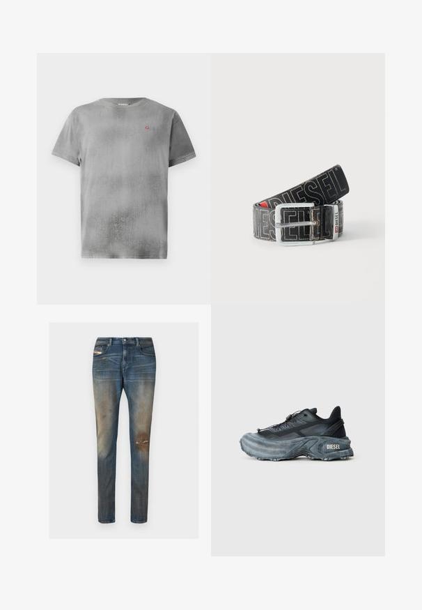 Graues Kurzarm-T-Shirt mit strukturiertem Finish. Mit einem kleinen roten Logo auf der linken Brust. Einfacher runder Ausschnitt und gerader Saum.; Blaue Jeans aus Denim mit schmaler Passform, leichter Ausbleichung, abgenutzten Stellen und klassischem Fünf-Taschen-Design inklusive kleinem Logoetikett.; Schwarz- und graue Diesel-Sneaker mit dicker Sohle, Schnürverschluss und strukturiertem Design auf einem schlichten hellgrauen Hintergrund.; Schwarzer Diesel-Gürtel mit großem weißen Logotext, rechteckiger silberner Schnalle und gebrandetem Metallschlaufen-Detail, aufgewickelt auf hellem Hintergrund.