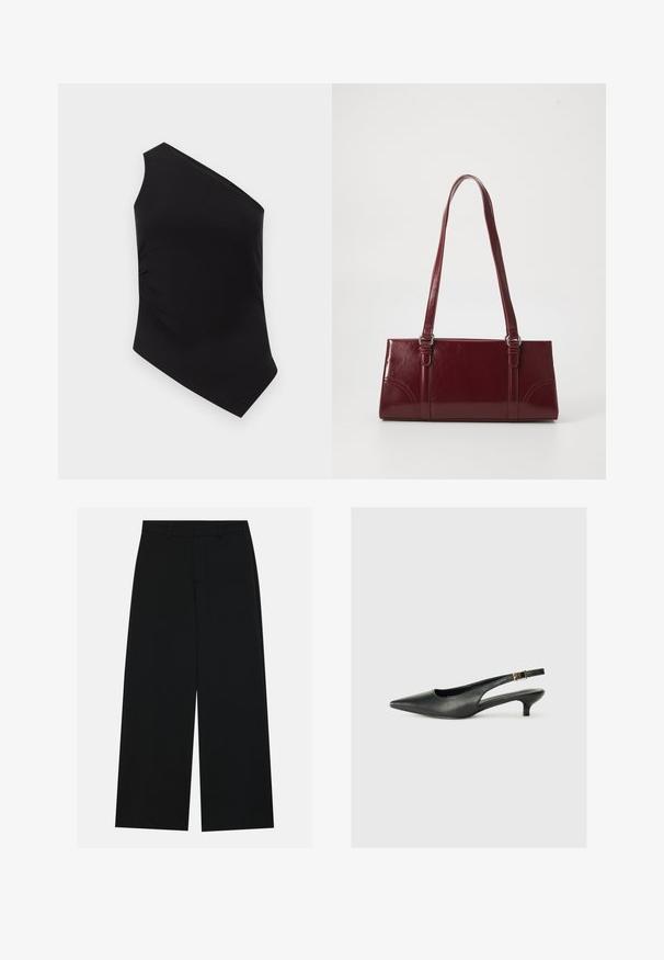 Débardeur noir asymétrique avec une bretelle unique ; fabriqué en tissu extensible à texture lisse et fronces sur le côté.; Pantalons noirs à jambe large en tissu lisse. Dotés d'une taille plate avec passants de ceinture et sans poches visibles. Design simple.; Chaussure slingback noire à bout pointu en cuir lisse. Présente un talon fin et un détail de boucle sur la sangle réglable.; Sac à main bordeaux en matériau brillant, de forme rectangulaire, avec deux anses et des accents légèrement courbés à l'avant.