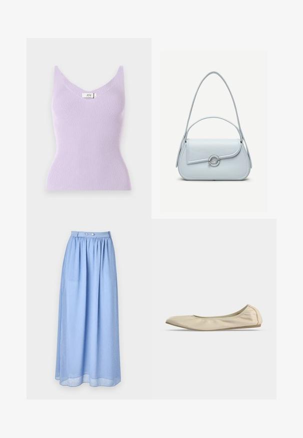 Lila gerippte ärmellose Bluse mit V-Ausschnitt und figurbetonter Passform. Das Material wirkt weich und hat vertikale Texturdetails. Markenlabel sichtbar.; Hellblauer Maxirock aus transparentem Stoff mit gerafftem Bund, der silberne Knopfdetails und ein dezentes Muster aus kleinen weißen Punkten aufweist.; Beiger weicher Ledertalier mit abgerundeter Spitze, niedrigem seitlichen Profil und schlanker Gummisohle auf schlichtem weißem Hintergrund.; Hellblaue Lederhandtasche mit abgerundetem Überschlag, silbernem, rundem Verschluss und zwei Schulterriemen vor einfarbigem Hintergrund.