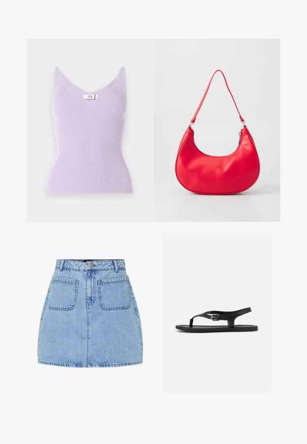 Haut sans manches lilas à côtes avec un col en V et une coupe ajustée. Le matériau semble doux avec des détails de texture verticale. Étiquette de marque visible.; Mini-jupe en denim bleu clair avec taille haute, fermeture à boutons sur le devant et deux poches arrière. Présente des coutures contrastées et une coupe droite.; Sandale plate noire avec bride à la cheville, entre-doigt et boucle argentée sur semelle lisse, vue de côté sur fond blanc.; Sac à épaule en simili cuir rouge au design courbé, avec une bandoulière fine et une fermeture éclair. Texture lisse avec des détails de couture visibles.