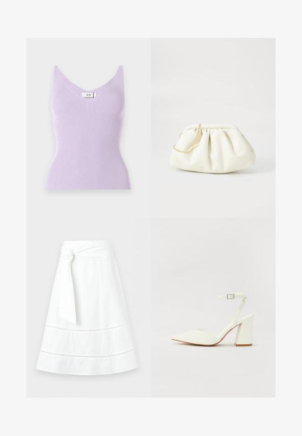 Top sin mangas de color lila con un escote en V y un diseño ajustado. El material parece suave con detalles de textura vertical. Etiqueta de la marca visible.; Falda blanca en línea A con una cinturilla ancha atada en un nudo lateral y insertos decorativos de encaje horizontal cerca del dobladillo.; Sandalia blanca de tacón con puntera afilada, correa ajustable en el tobillo y un tacón cuadrado grueso. Textura lisa con detalles de costura mínimos.; Bolso de mano de cuero blanco con un diseño recogido, cuenta con una cadena dorada y forma redondeada. Textura suave con pliegues suaves y sin patrones.