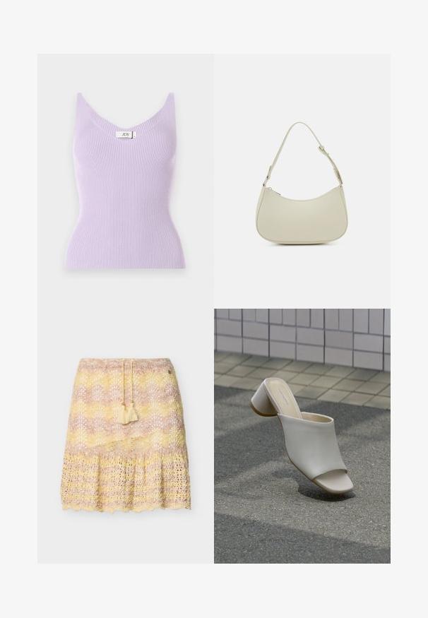 Top sin mangas de color lila con un escote en V y un diseño ajustado. El material parece suave con detalles de textura vertical. Etiqueta de la marca visible.; Falda de ganchillo hasta la rodilla con dobladillo festoneado en tonos rosa pastel, amarillo y beige, con cintura ajustable con cordón y borlas.; Un zapato mule blanco abierto en la punta con tacón ancho sobre suelo pavimentado cerca de una pared de azulejos, inclinado para mostrar vistas lateral y superior.; Pieces PCALUANA SHOULDER BAG - Bolso de mano - birch