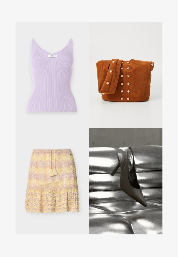 Haut sans manches lilas à côtes avec un col en V et une coupe ajustée. Le matériau semble doux avec des détails de texture verticale. Étiquette de marque visible.; Jupe crochet longueur genou avec ourlet festonné dans des tons pastel rose, jaune et beige, dotée d'une taille à cordon avec pompons.; Chaussure à talon haut noire à bout pointu et bride arrière reposant sur une surface capitonnée argentée brillante et métallique.; Sac à épaule en daim marron avec une large sangle, présentant des clous en métal doré disposés en motif vertical sur le devant et les côtés.