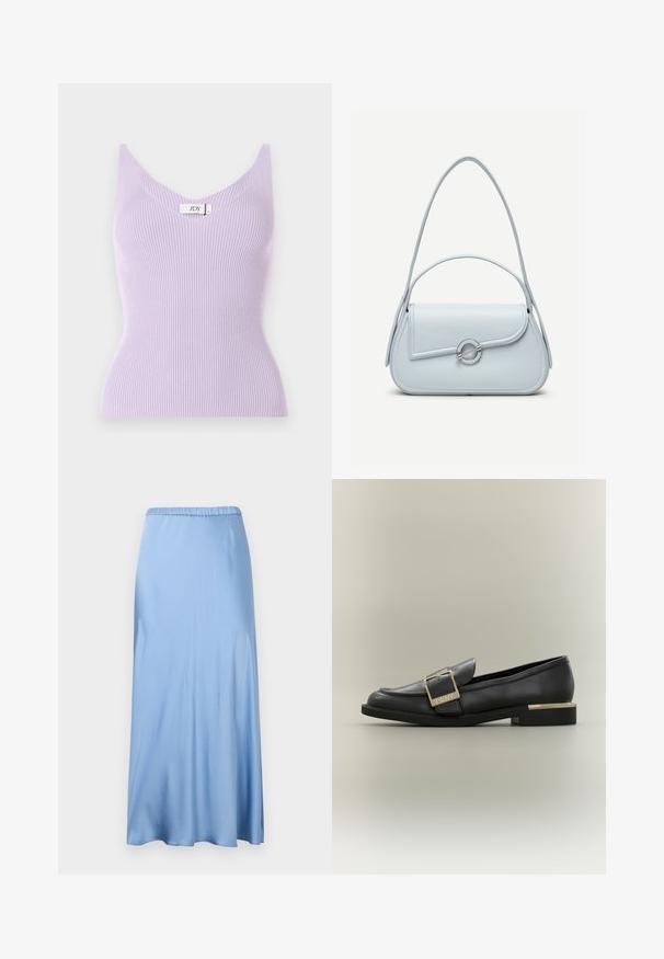 Lila gerippte ärmellose Bluse mit V-Ausschnitt und figurbetonter Passform. Das Material wirkt weich und hat vertikale Texturdetails. Markenlabel sichtbar.; Hellblauer Satin-Midirock mit elastischem Bund, zeichnet sich durch eine glatte Textur und eine leichte A-Linien-Silhouette aus. Keine sichtbaren Muster oder Akzente.; Schwarzer Leder-Loafer mit einer goldenen Schnalle, auf der "DKNY" eingeprägt ist, sowie einem goldfarbenen Akzent an der Ferse, vor neutralem Hintergrund.; Hellblaue Lederhandtasche mit abgerundetem Überschlag, silbernem, rundem Verschluss und zwei Schulterriemen vor einfarbigem Hintergrund.
