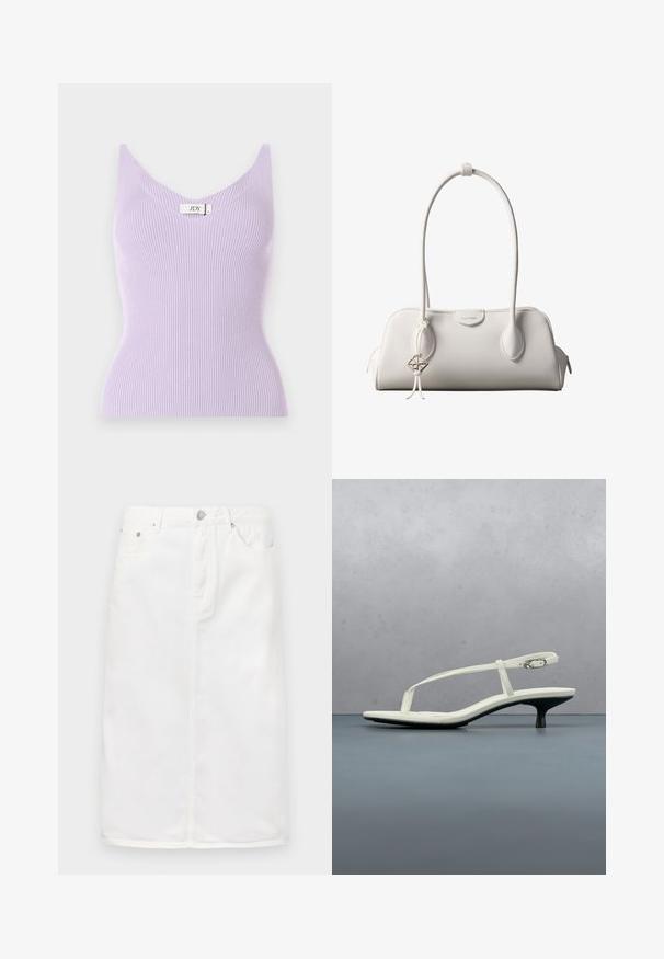 Top sin mangas de color lila con un escote en V y un diseño ajustado. El material parece suave con detalles de textura vertical. Etiqueta de la marca visible.; Falda de mezclilla blanca con cremallera frontal, diseño de cinco bolsillos y silueta recta con acentos de costura.; Sandalia blanca de tacón kitten con tiras y punta afilada, flotando sobre un suelo de baldosas de madera al aire libre, con un fondo desenfocado de plantas y pared.; Bolso de hombro blanco de Calvin Klein con asas largas, forma rectangular, cierre de cremallera y charm decorativo con el logo colgando cerca del asa.