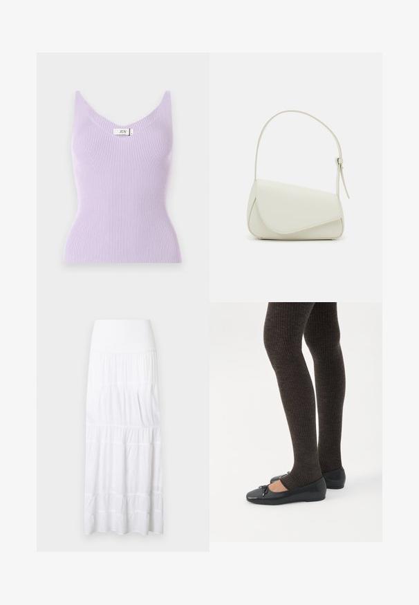 Top sin mangas de color lila con un escote en V y un diseño ajustado. El material parece suave con detalles de textura vertical. Etiqueta de la marca visible.; Falda larga blanca de volantes hecha de tela ligera. Cuenta con una cinturilla elástica y una textura sutil con costuras horizontales.; Piernas con leggings oscuros acanalados combinados con bailarinas negras que presentan pequeños detalles de lazo sobre un fondo blanco.; Bolso de mano de imitación cuero blanco con una forma triangular estructurada, correa ajustable única y cierre con solapa acentuada en curva.
