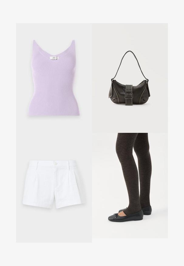 Lila gerippte ärmellose Bluse mit V-Ausschnitt und figurbetonter Passform. Das Material wirkt weich und hat vertikale Texturdetails. Markenlabel sichtbar.; Weiße Leinen-Shorts mit Falten, Knopfverschluss und Seitentaschen. Besitzt einen taillierten Schnitt und eine glatte Textur.; Beine in dunklen, gerippten Leggings kombiniert mit schwarzen Ballerinas mit kleinen Schleifendetails auf weißem Hintergrund.; Schwarze Leder-Schultertasche mit Schnallengurt-Detail, abgerundeten Kanten und kontrastierenden weißen Nähten auf schlichtem Hintergrund.