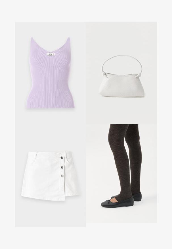Top sin mangas de color lila con un escote en V y un diseño ajustado. El material parece suave con detalles de textura vertical. Etiqueta de la marca visible.; Mini falda de mezclilla blanca con corte recto, que presenta un cierre lateral con cuatro botones metálicos y un sutil dobladillo enrollado.; Piernas con leggings oscuros acanalados combinados con bailarinas negras que presentan pequeños detalles de lazo sobre un fondo blanco.; Bolso de mano de cuero blanco tejido con asa redondeada y extremos de la correa anudados, exhibido sobre un fondo liso.